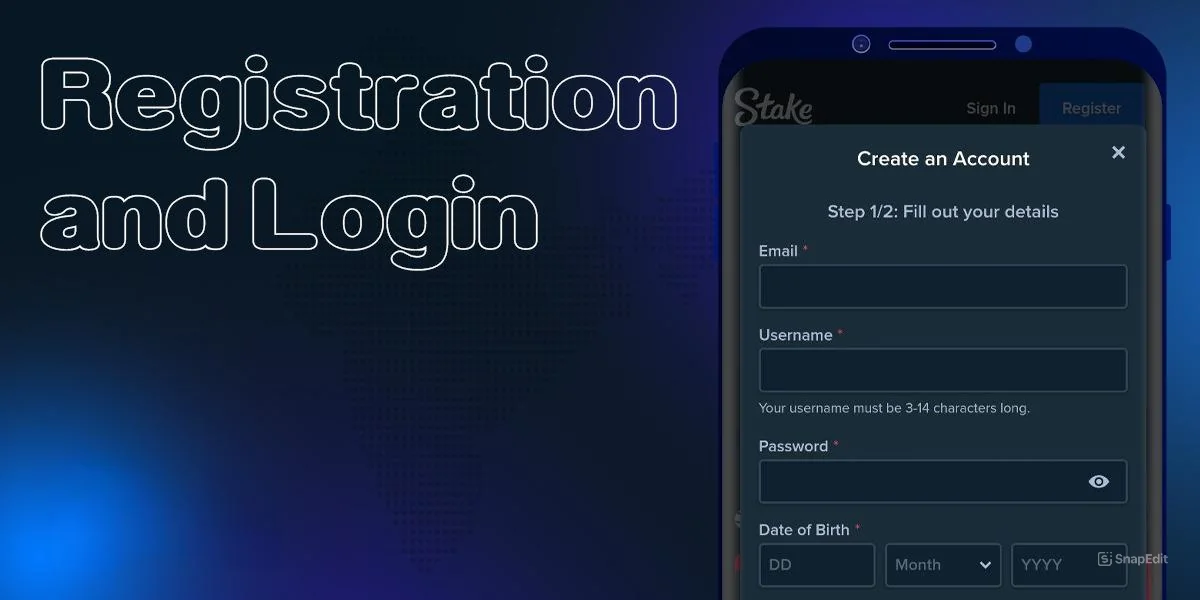 The process of signing up for a new account in the Stake app 